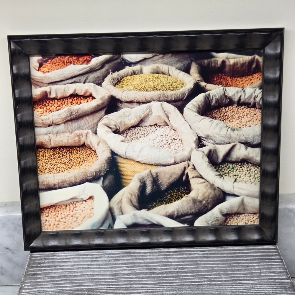 Vintage Custom Framed Grain Sacks in Marketplace Photo Art Black Wavy Frame Farm